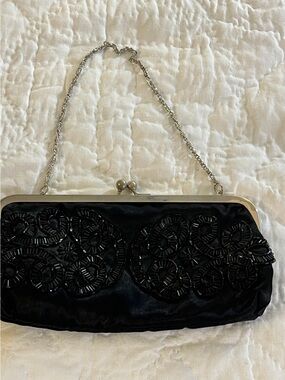 Bijoux Terner Black Beaded Clutch with Silver Chain